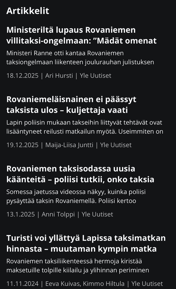 ristonikula's tweet photo. Rovaniemeläisen näkökulmasta nämä Pimeät bazaaritaksit niittävät itse kylvämäänsä viljaa, eikä heitä kaivata:
- huijaavat asiakkaita
- eivät osaa reittejä ja kuljettavat minne sattuu.
- agressiivisia, jopa väkivaltaisia

Sopii googlettaa hakusanoilla rovaniemi + taksi https://t.co/1mW8TQqyqd