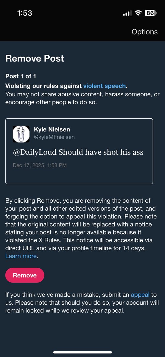 kyleMFnielsen's tweet photo. @elonmusk I don’t understand, users can post videos of people getting assaulted, ran over, shot at, stabbed but when I comment an act in self defense I get banned for 7 days, can’t comment or send a message to anyone until it passes, guess freedom of speech doesn’t exists on this platform… thanks for the free 2 weeks but I’d rather my subscription bleed out before I succumb to misleading demands again. Merry Christmas you filthy animal!