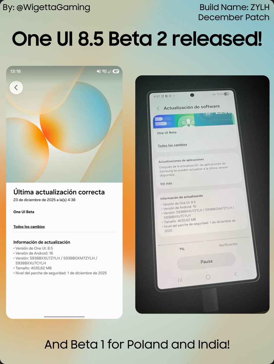 Better late than never.

One UI 8.5 Beta 2!

Last Monday, Beta 2 of One UI 8.5 was released for Germany, the UK, the US, and Korea, size of 1.14GB, and Beta 1 was released in Poland and India, with 4.03GB of size. Both are based on the ZYLH build.