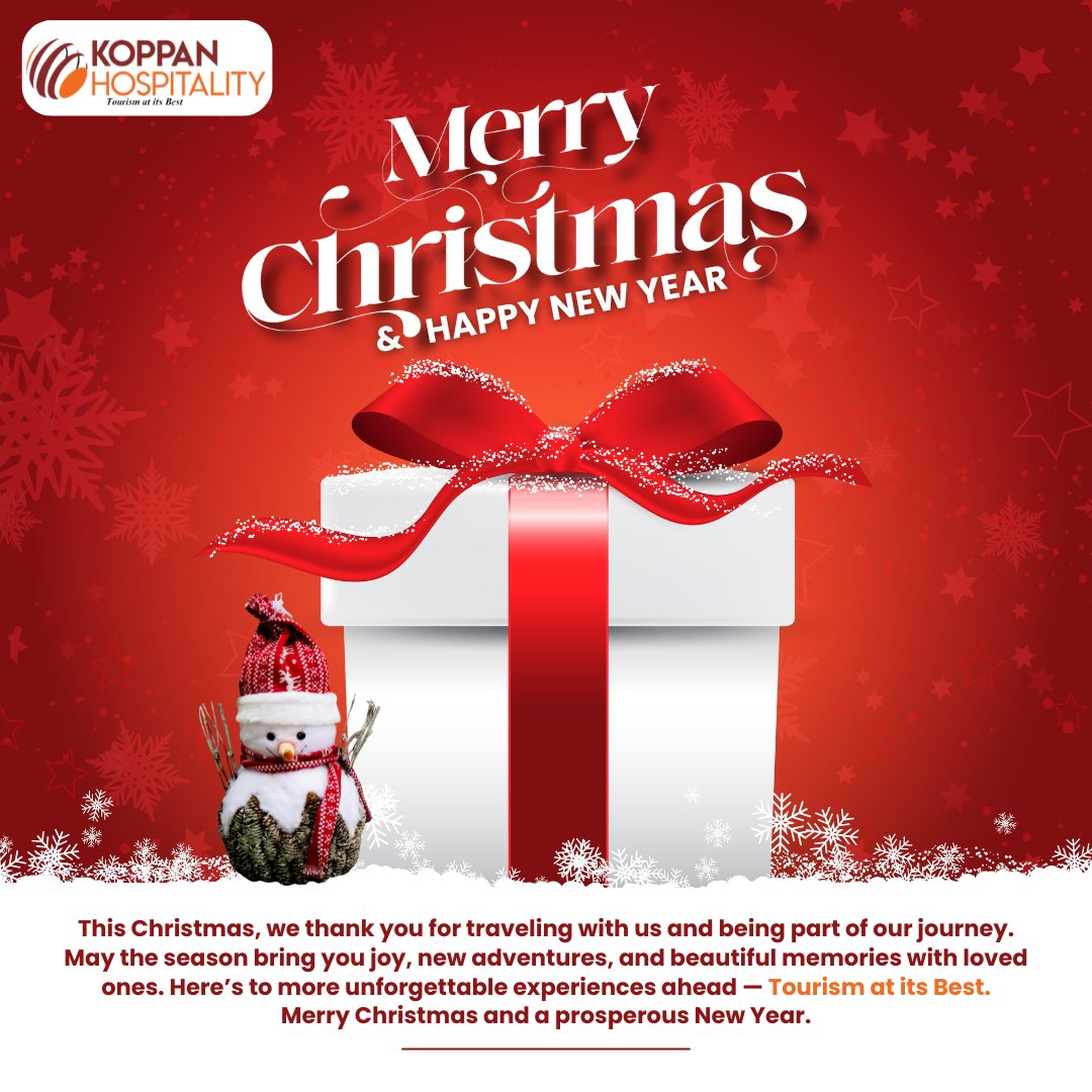 koppanH's tweet photo. This season, let us handle the magic so you can focus on making memories. Wishing you a journey filled with wonder and joy!

#KoppanHospitality #TourismAtItsBest #MerryChristmas #SantaApproved #TravelMagic #HolidaySeason #FestiveTravel #WhereToNext #ChristmasWishes #TravelGoals https://t.co/43jc15mr4N
