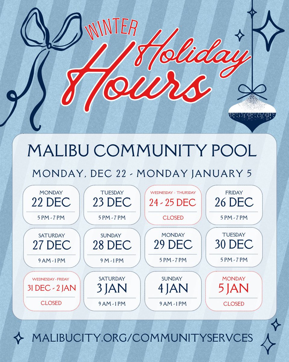 CityMalibu's tweet image. 🎄🎉HAPPY HOLIDAYS - May your winter be filled with holiday cheer and warm memories to cherish for the years to come. Malibu City Hall, the Senior Center, the Rebuild Center are December 24, through January 2, and will reopen on Monday, January 5. #MalibuCSD #HolidayHours