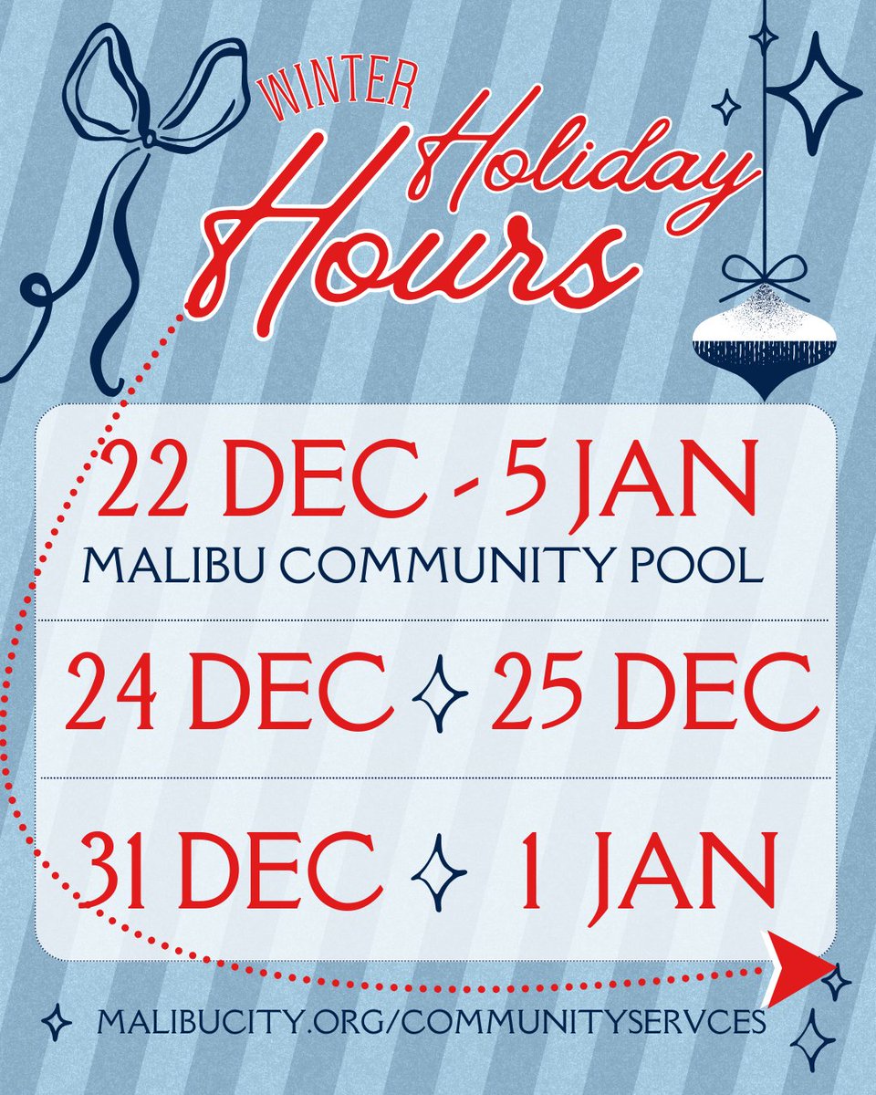 CityMalibu's tweet image. 🎄🎉HAPPY HOLIDAYS - May your winter be filled with holiday cheer and warm memories to cherish for the years to come. Malibu City Hall, the Senior Center, the Rebuild Center are December 24, through January 2, and will reopen on Monday, January 5. #MalibuCSD #HolidayHours