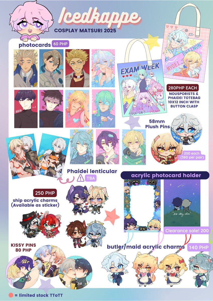 icedkappe's tweet photo. Catalog for Cosplay Matsuri 2025 at SMX ! (1/2)
🌸FO-03
🌸 i have HSR, TWST, Gachiakuta, alnst, Kaiju no. 8, and funger! And phaidei. Too much phaidei im afraid
#CosplayMatsuri2025
#fanfairatcosplaymatsuri2025 https://t.co/F6hRgp7DNM