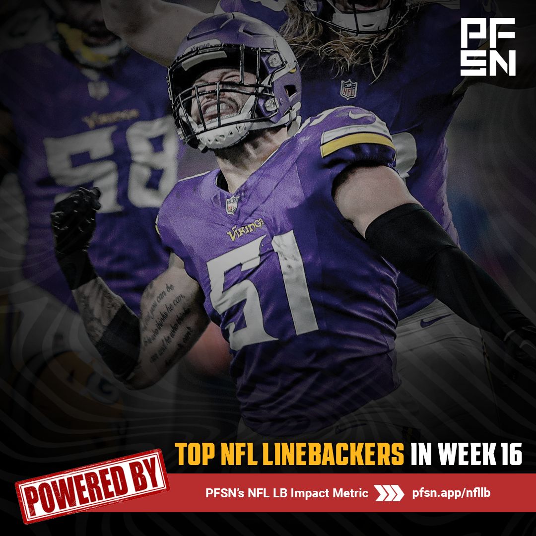 PFSN365's tweet image. The top NFL linebackers in Week 16, according to PFSN's LB Impact Metric ⤵

90.0 | Blake Cashman, MIN
88.5 | Jack Campbell, DET
87.1 | Ernest Jones, SEA
88.1 | Quay Walker, GB
85.5 | Demario Davis, NO
85.5 | Christian Rozeboom, CAR
85.4 | Drake Thomas, SEA
84.9 | Alex Singleton,…