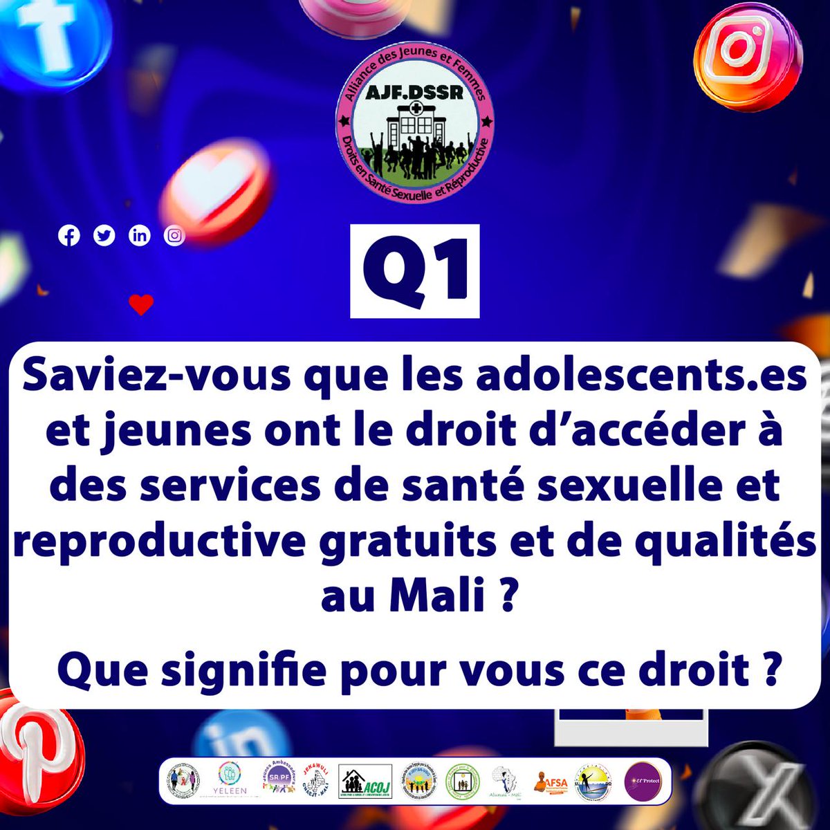Q1 : Saviez-vous que les adolescents et jeunes ont le droit d’accéder à des services de santé sexuelle et reproductive gratuits et de qualité au Mali ?

Que signifie pour vous ce droit ?

#AJFDSSR
#ONASR
#GratuitéServiceSR/PF
#MSDS
#MJDH