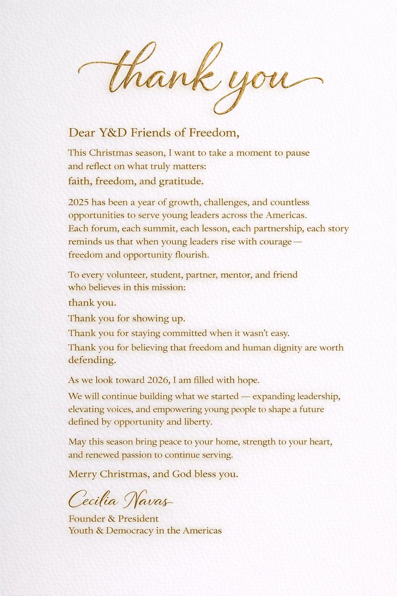 YDintheAmericas's tweet photo. A message of thanks from our Founder &amp; President: 

“Grateful for every student, partner, and friend who has stood with us in this mission for freedom. May God guide us as we continue building in 2026. 🙏🎄

“ @CeciliaNavasGOP https://t.co/8HYRRUtmps