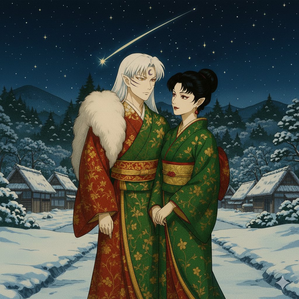 _Since2004's tweet image. CHRISTMAS NIGHT IN THE JAPANESE FEUDAL ERA 🎄🎅🏻🦌🎁🔔🎀🌠

Art generated by me with the artificial intelligence ✨✨✨

Source : ChatGTP 

#Inuyasha #Sesshomaru #Kagura #SessKagu #犬夜叉 #殺生丸 #神楽 #殺神 #이누야사 #셋카구 #셋쇼마루 #카구라 #杀生丸 #神乐 #杀乐