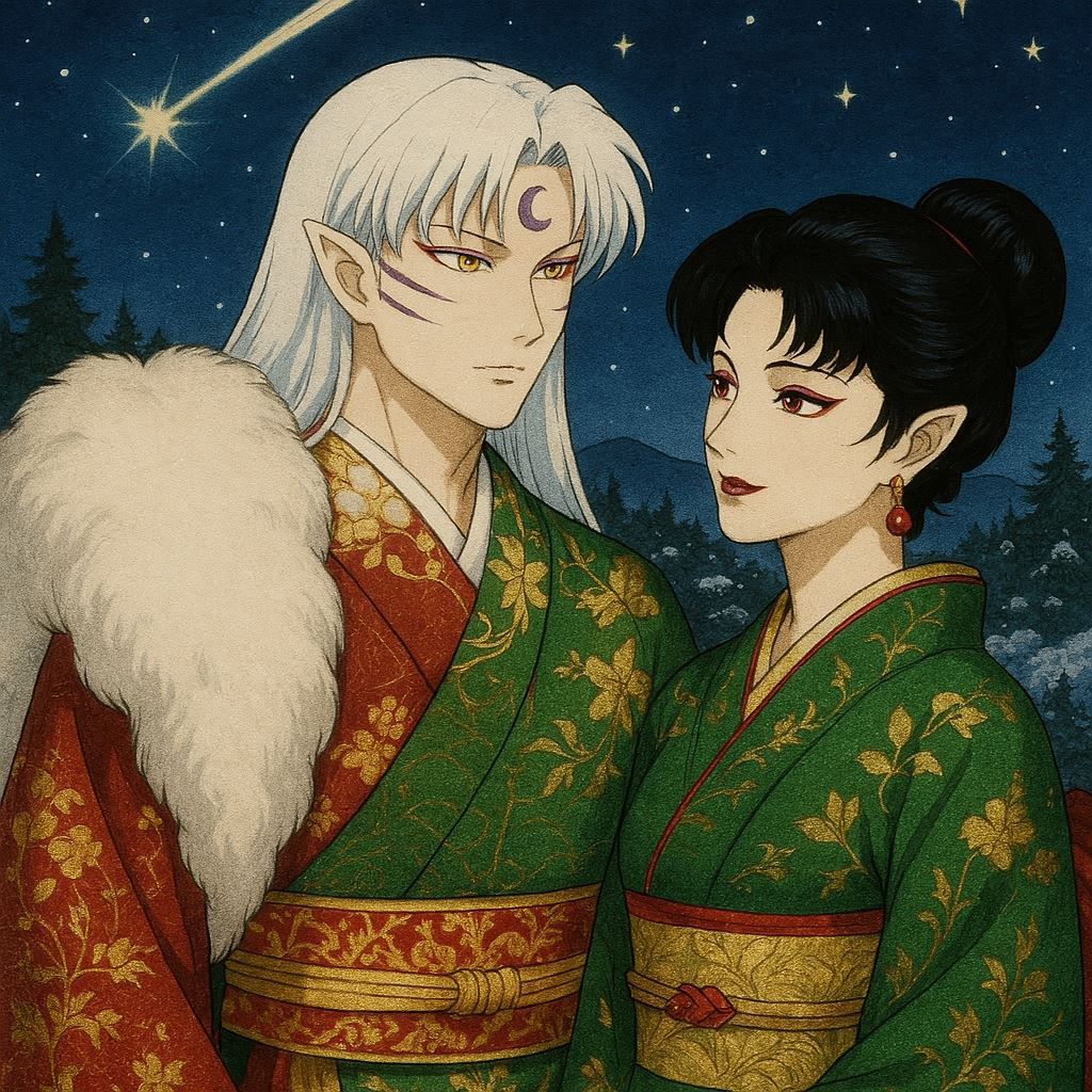 _Since2004's tweet image. CHRISTMAS NIGHT IN THE JAPANESE FEUDAL ERA 🎄🎅🏻🦌🎁🔔🎀🌠

Art generated by me with the artificial intelligence ✨✨✨

Source : ChatGTP 

#Inuyasha #Sesshomaru #Kagura #SessKagu #犬夜叉 #殺生丸 #神楽 #殺神 #이누야사 #셋카구 #셋쇼마루 #카구라 #杀生丸 #神乐 #杀乐