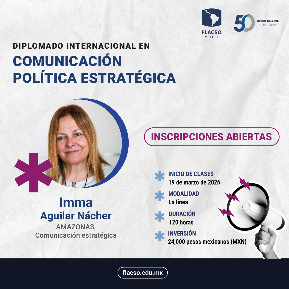 FlacsoMx's tweet photo. La formación estratégica se fortalece con experiencia real.
En el #DICPE participa Imma Aguilar (@immaaguilar), especialista en comunicación estratégica, con trayectoria en campañas electorales, asesoría política y dirección de proyectos en España y América Latina.
Conoce el programa e inscríbete:
🔗 https://t.co/tf5tVB0Rcn
#DICPE #FLACSOMéxico #ConocimientoQueTransformaRealidades