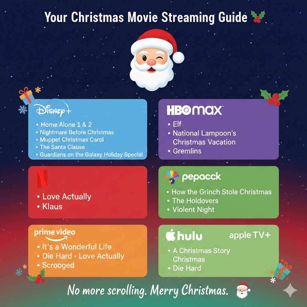 louisville's tweet photo. Your Christmas movie streaming guide 🎄
Disney+
• Home Alone 1 & 2
• Nightmare Before Christmas
• Muppet Christmas Carol
• The Santa Clause
• Miracle on 34th Street
• Guardians of the Galaxy Holiday Special
HBO Max
• Elf
• National Lampoon’s Christmas Vacation
• The Polar Express
• Gremlins
Netflix
• Love Actually
• Klaus
Peacock
• How the Grinch Stole Christmas
• The Holdovers
• Violent Night
Prime Video
• It’s a Wonderful Life
• Die Hard
• Love Actually
• Scrooged
Hulu
• A Christmas Story
• Die Hard
Apple TV
• A Charlie Brown Christmas
No more scrolling. Merry Christmas. 🎅