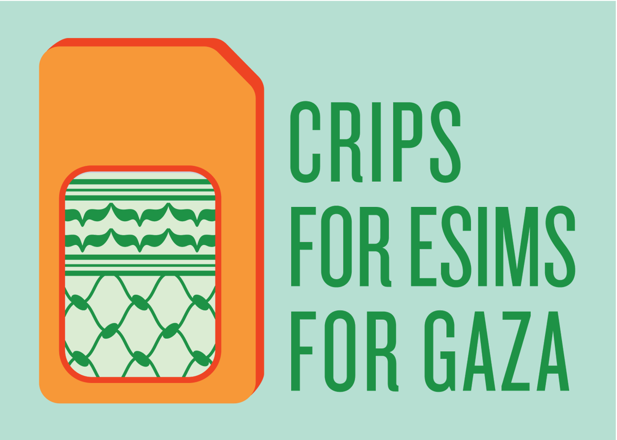 pipagaopoetry's tweet image. Two years ago today, the three of us began Crips for eSims for Gaza. Alice, are you reading this? (We know you are.) 

Today, we’re launching something special we’ve been working on, and we’re grateful Alice was able to see before her passing: our official logo! #ConnectingGaza