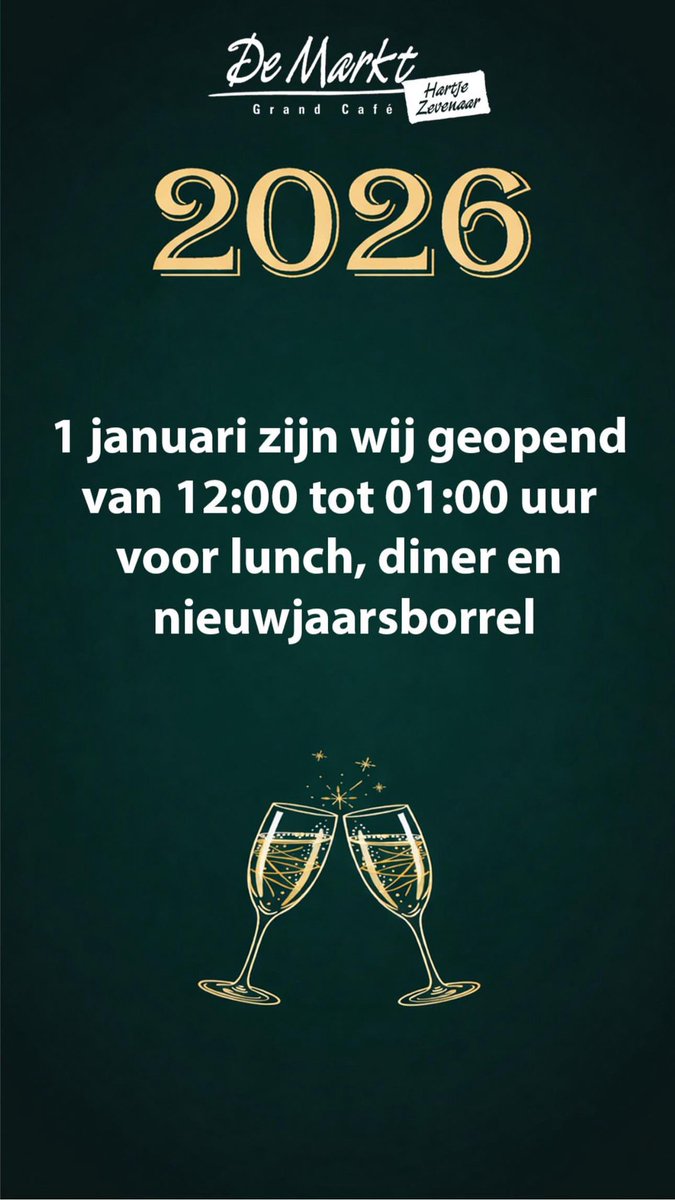 Nieuwjaarsdag 🎉 donderdag 1 januari zijn wij vanaf 12.00 uur geopend voor koffie☕️, Lunch, diner 🍽️ of nieuwjaarsborrel 🥂🍾
Het team van Grandcafe De Markt wenst iedereen fijne en gezellige feestdagen 🎄
#2026 #nieuwjaarsdag #lunch #diner #hartjezevenaar