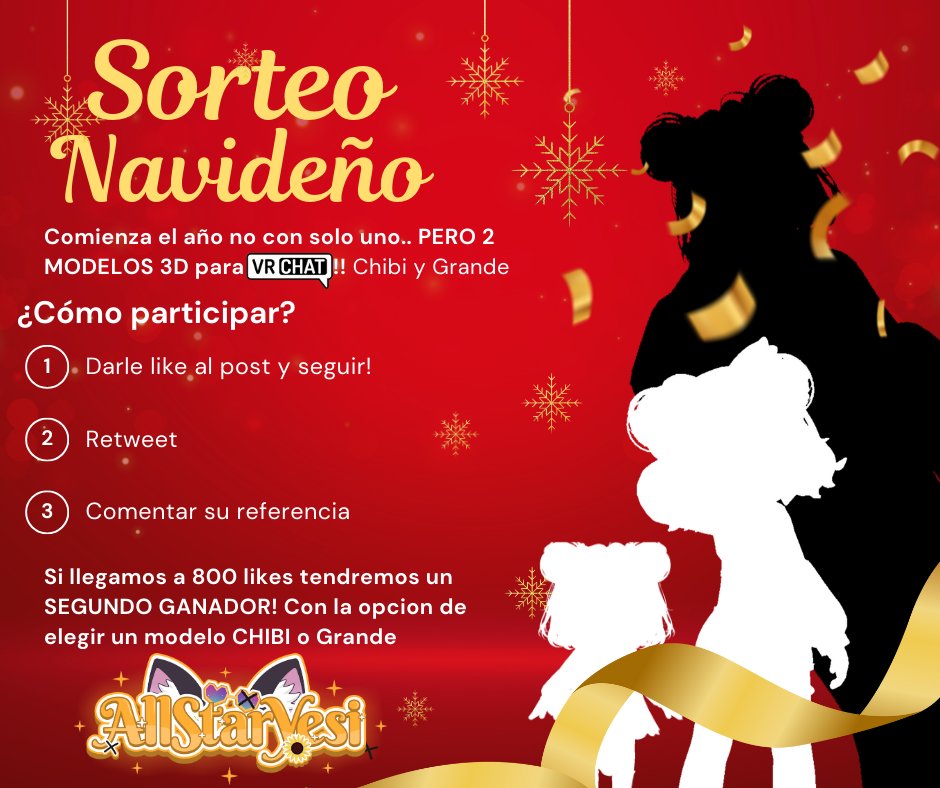 🥂FELICES FIESTAS GENTE LINDA!!! 🥂

COMIENZA EL NUEVO AÑO NO CON SOLO UNO.. PERO 2 MODELOS PARA VRCHAT!!

UNA VERSION NORMAL Y SU VERSION CHIBI

COMO PUEDEN PARTICIPAR❓ Muy simple:

1.) DARLE LIKE AL POST Y SEGUIR MI CUENTA
2.)DALE RETWEET
3.) COMENTAR SU FOTO DE REFERNECIA

SI