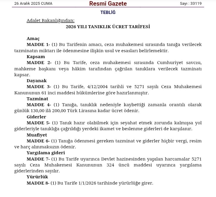 tanitan様 ご依頼分 🏛2026 YILI TANIKLIK ÜCRET TARİFESİ Resmi Gazete'de yayımlanan