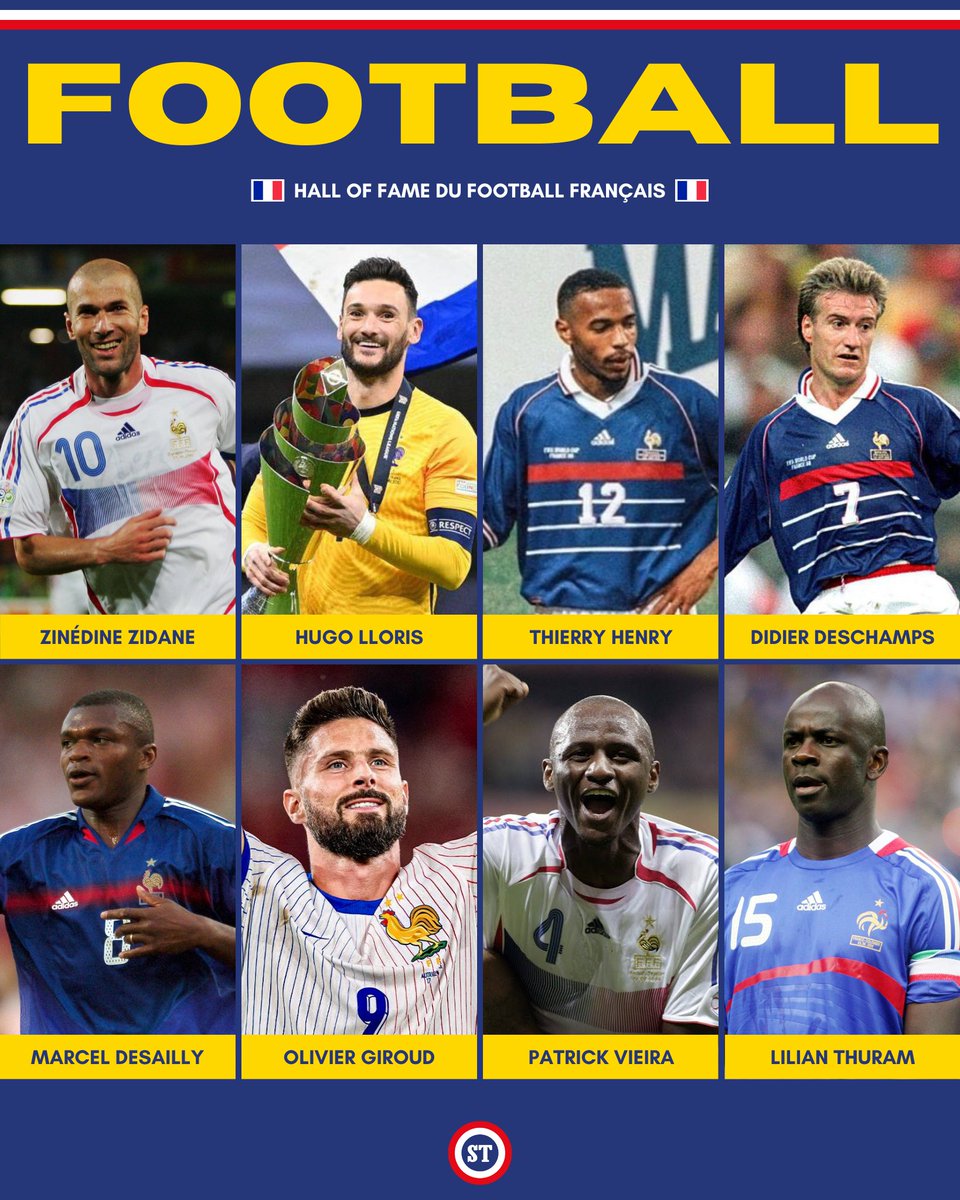🇫🇷 Nos 8 tricolores intronisés au Hall of Fame de l'équipe de France 🤩

⭐️ Zinédine Zidane
⭐️ Hugo Lloris
⭐️ Thierry Henry
⭐️ Lilian Thuram
⭐️ Didier Deschamps
⭐️ Olivier Giroud
⭐️ Marcel Desailly
⭐️ Patrick Vieira

Réservé pour le moment aux joueurs ayant plus de 100