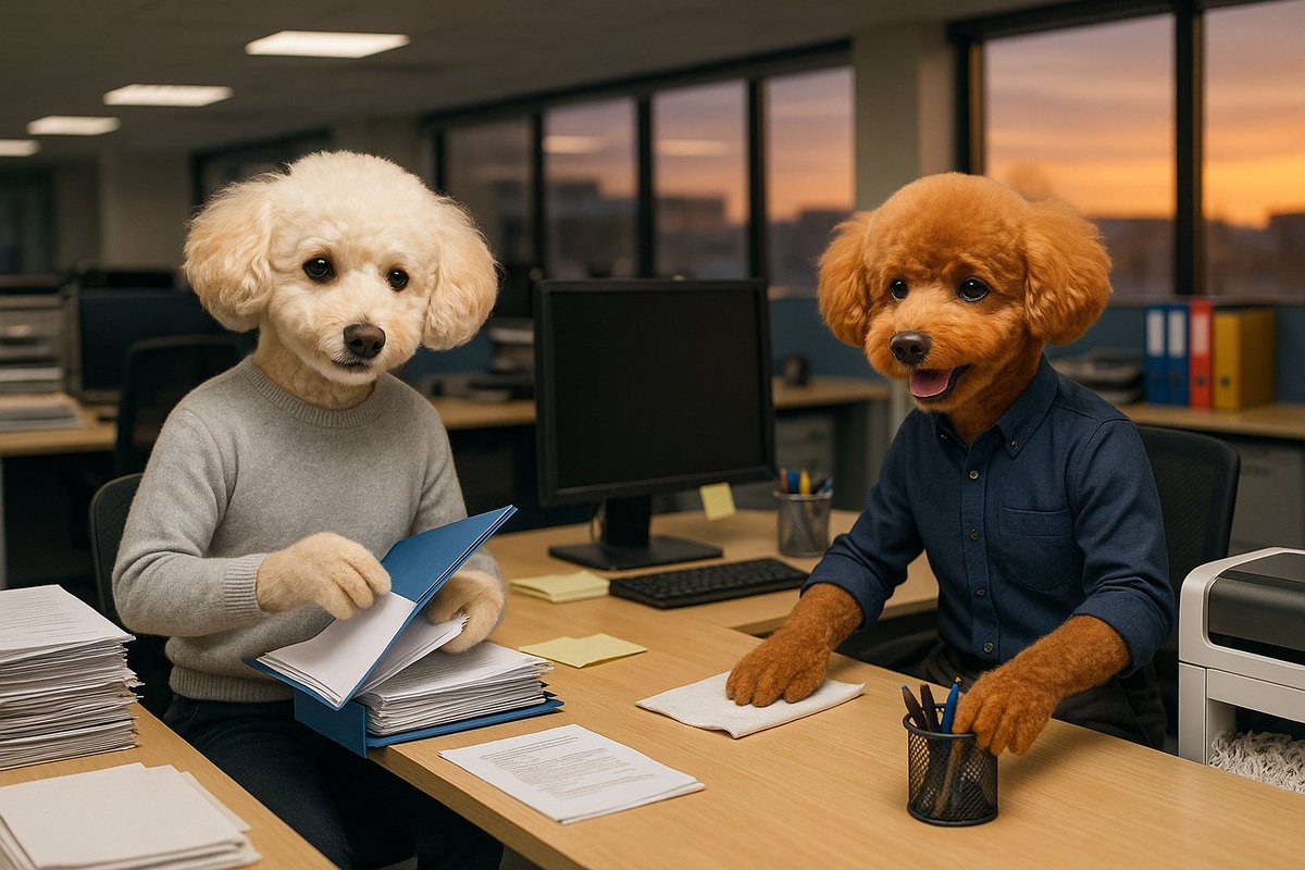 本日のワンショット🐶
🐾実写風シリーズ🐾

オフィスに残る静けさの中、兄弟が作業を加速🔥

くぅちゃんが書類をまとめ、てんちゃんが机を整える✨

夕暮れの光に照らされた仕事納めの瞬間🐾

でちゅ～～～🐶💕💕💕
#トイプー
#犬好きさんと繋がりたい
#AIイラスト
#御用納め・仕事納め