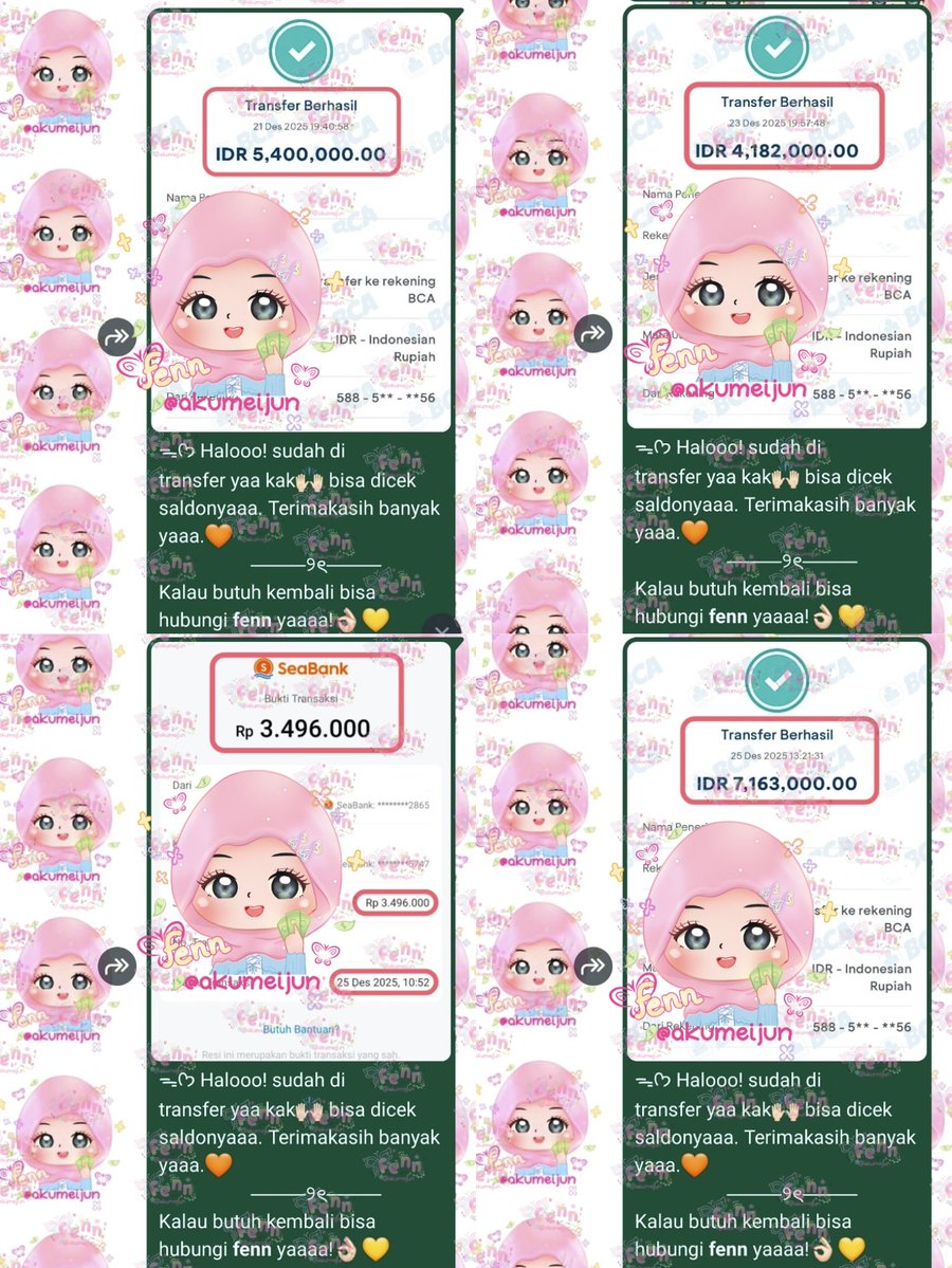 akumeijun's tweet image. 🔔 REKAP DESEMBER;

🗓️ 21 desember 2025
 ─── gestun kredivo instan; 6.000.000
🗓️ 23 desember 2025
 ─── gestun akulaku instan; 4.979.000
🗓️ 24 desember 2025
 ─── gestun kredivo reguler; 3.800.000
 ─── gestun spaylater reguler; 8.427.400

FAST TRANSFER, FAST RESPON🙀…