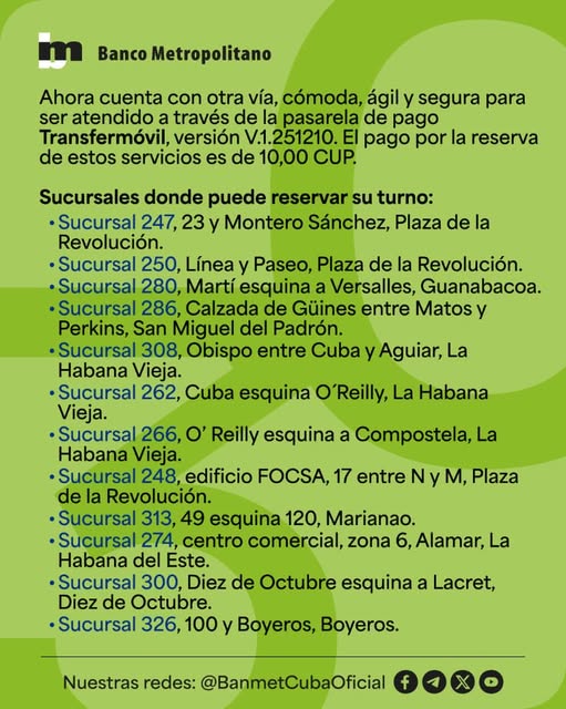 BanMetCapital's tweet photo. #SuBancoEnLaCapital le informa las Sucursales que ofrecen la reserva de turnos para los servicios bancarios a través de Mi Turno de Transfermóvil #BancariosCubanos #CuentaConmigo #Banmet29Años https://t.co/Zioi8V77u2