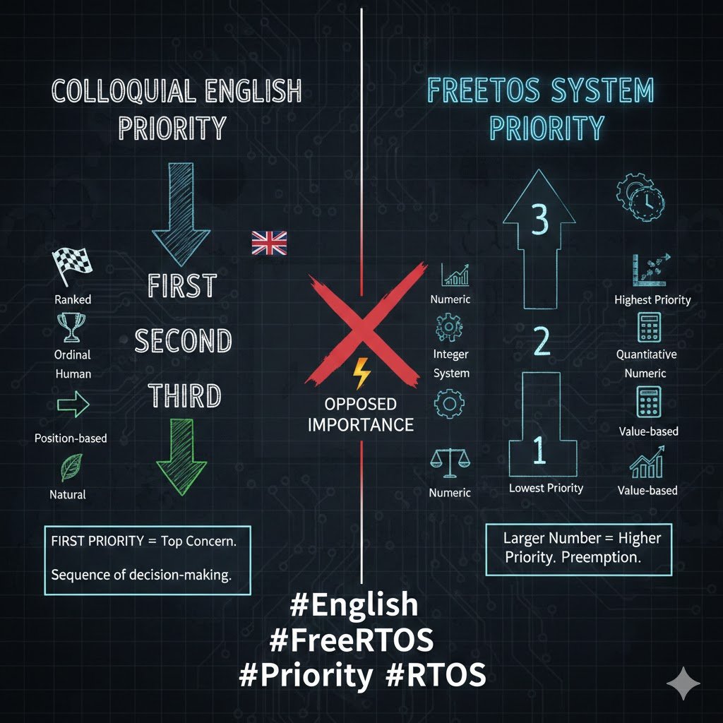 En_Collocations's tweet photo. در گفتارِ روزمرهٔ فارسی بر خلاف مفهوم اولویت ۱ کم اهمیت #FreeRTOS در امبدد، «اولویتِ اول» یعنی مهمترین کار؛ اعدادِ ترتیبی (اول، دوم، سوم) رتبهٔ اهمیتاند — کوچکتر بهمعنای بالاتر. وقتی با آدمها حرف میزنی، از این ordinalها استفاده کن تا سوءتفاهم نشود.
🧠🗣️📌
#اولویت #زبان https://t.co/clx2b6jQSZ