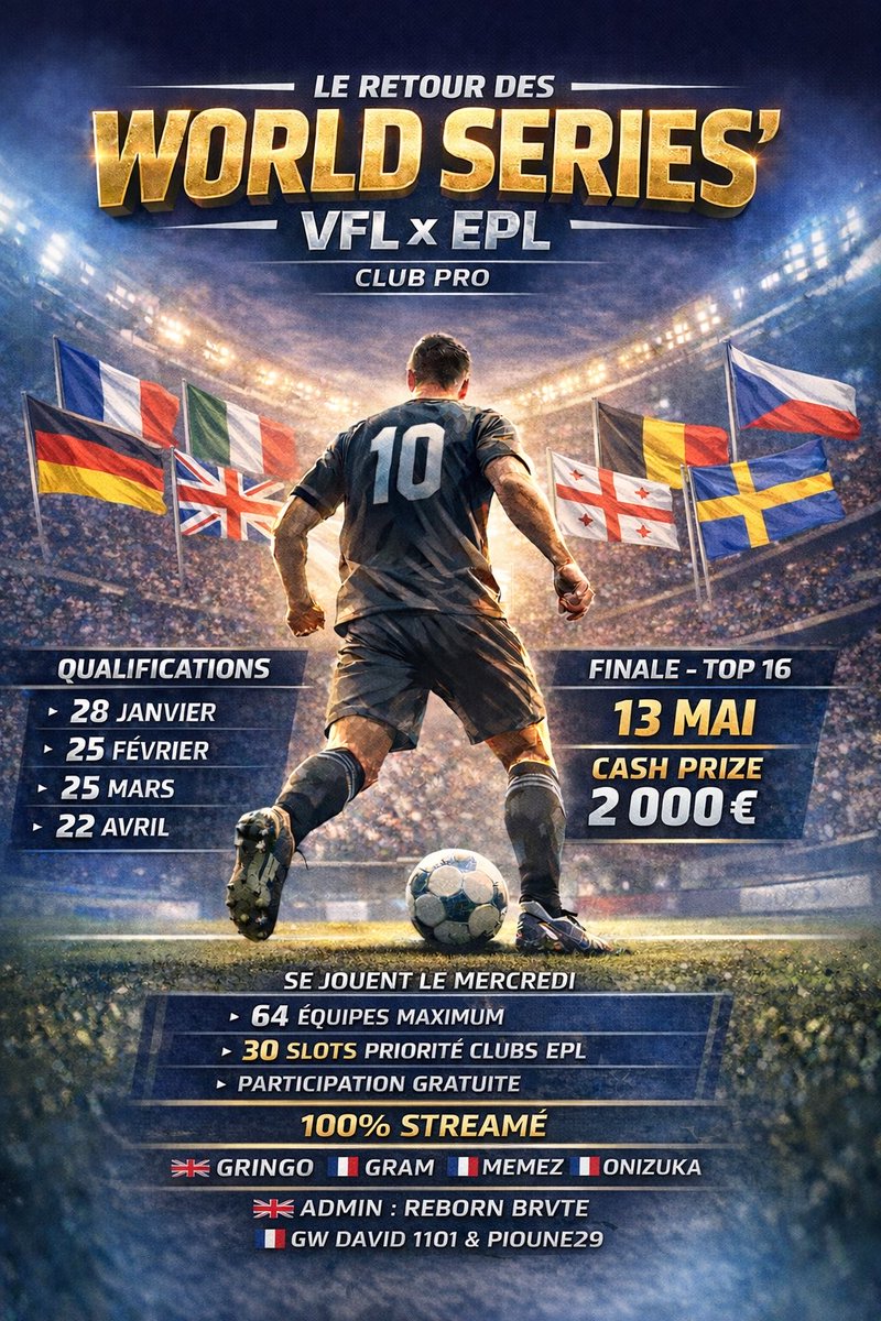 VFLFrance's tweet image. Christmas Present by @TheVFL_ &amp;amp; @EProLeague11v11 

World Series are back🌍

🏟️Tournoi #1 inscription
📲Opening 01/05
📲Fermeture 01/15

📳Compétition 100% on EPL discord 
📳100% Free Entry
📳 💰 2000€

@GwDavidI10I @Pioune29 @Reborn_Brute @VoltaTVOfficiel @MemeZ94 @gramildinho