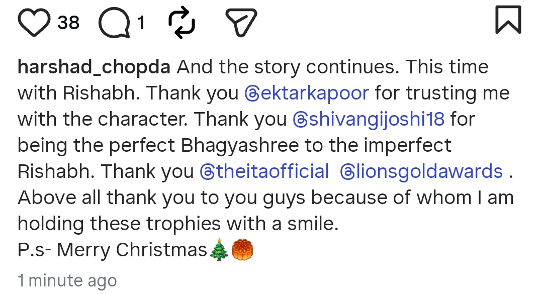 Snehak2000's tweet photo. To the award-winning megastar, truly brilliant and well earned! Your talent shines so brightly."
Congratulations once again 👏 🎉 
@ChopdaHarshad

#HarshadChopda https://t.co/QQVQ6L83sD
