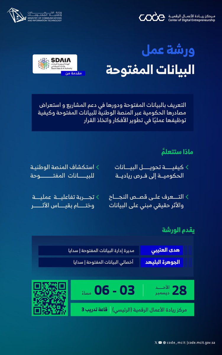 CODE_MCIT's tweet image. من الأرقام تولد الأفكار ومن البيانات تتخذ القرارات الذكية 📊 💡!
ورشة عمل "البيانات المفتوحة"
بتعرّفك على مصادر البيانات الحكومية وكيفية توظيفها عمليًا لتطوير أفكارك ودعم مشاريعك