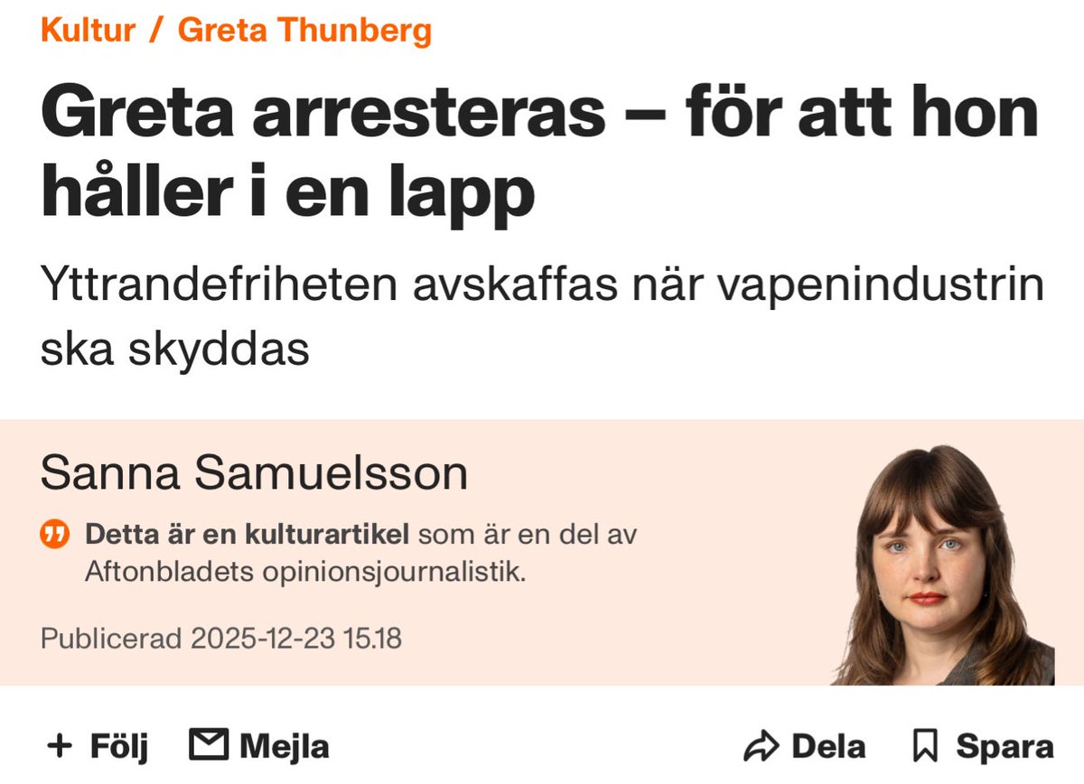 kurrejonsson's tweet photo. Aftonbladet är som vanligt alltid på fel sida historien. 

Greta Thunberg är lika vidrig som den terrorstämplade organisationen hon stöttar, vilket är en organisation som saboterar och har skadat poliser - med en slägga. https://t.co/e1ySD7A91u