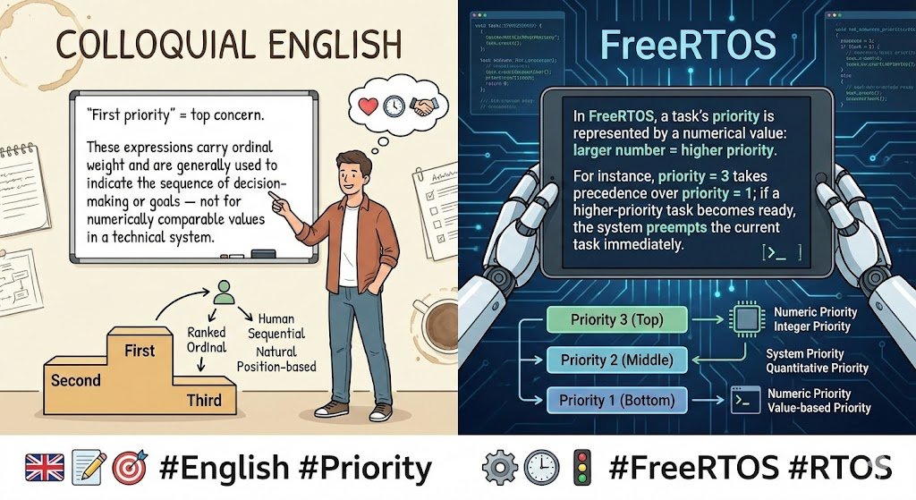 En_Collocations's tweet photo. در انگلیسیِ عادی هم همین است: “first priority” = top concern بر خلاف کمترین اهمیت داشتن اولویت ۱ در FreeRTOS! این عبارات بارِ رتبهای دارند و معمولاً برای نشاندادن ترتیبِ تصمیمگیری یا اهداف بهکار میروند — نه برای مقدارِ عددی قابل مقایسه در سیستم.
🇬🇧📝🎯
#English #Priority https://t.co/YxO6GVHltK