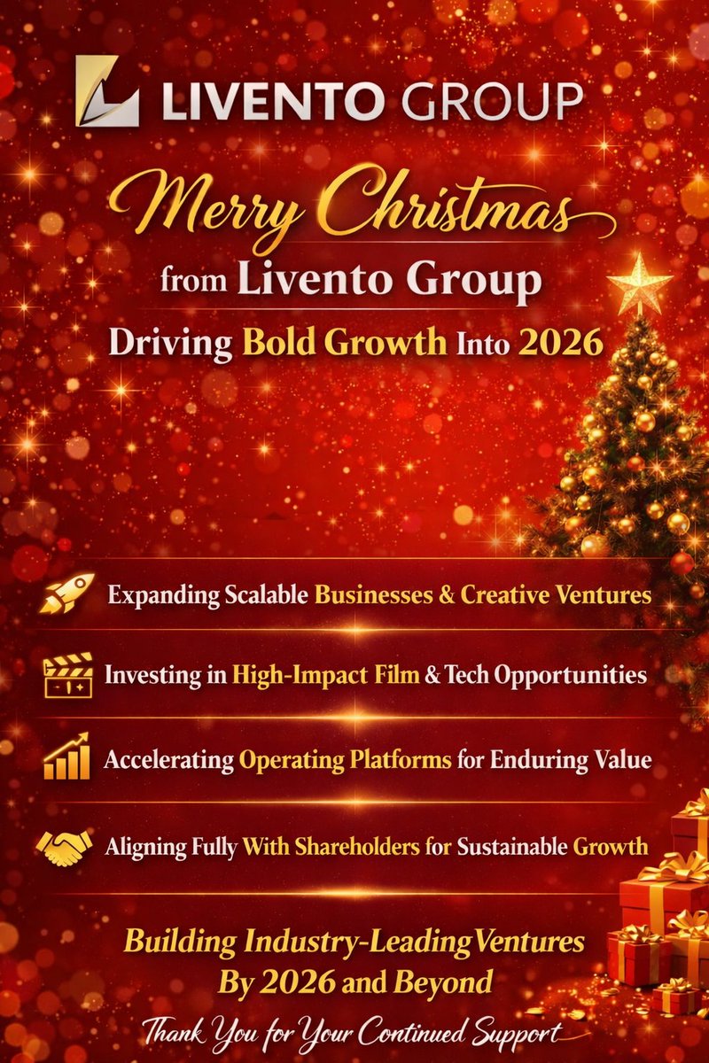 LiventoG's tweet image. $NUGN @LiventoG
@BoxoProductions @globaldotlog 

🎄 Merry Christmas from Livento Group 🎄

We thank our shareholders for your continued trust and support as we build scalable operating businesses and creative platforms designed for long-term value creation.
We enter 2026 with…