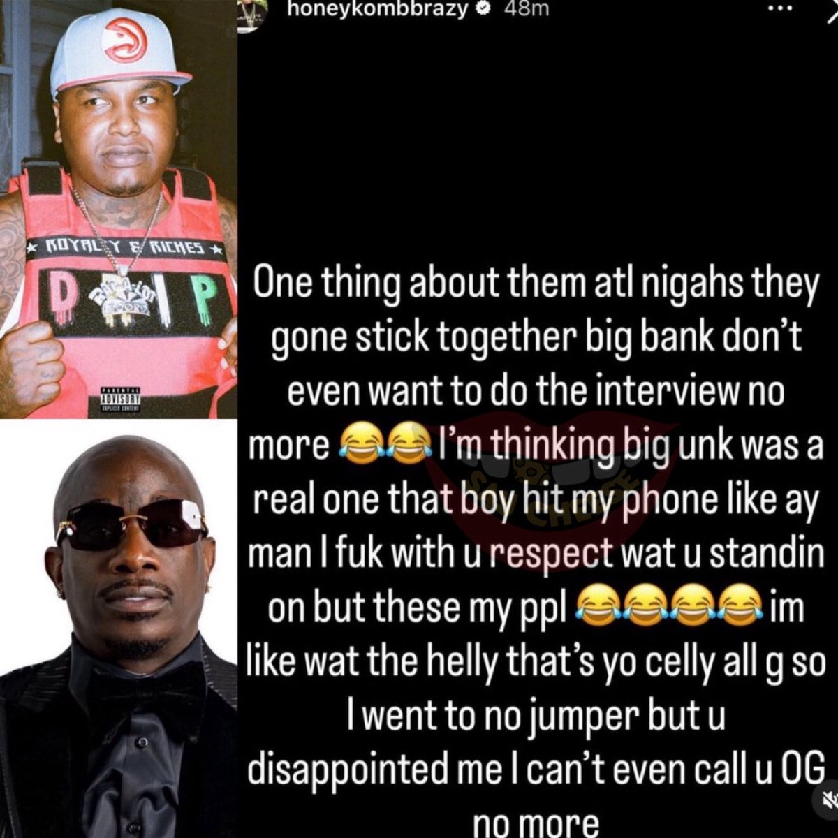 SaycheeseDGTL's tweet image. HoneyKomb Brazy says he lost respect for Big Bank after Big Bank cancelled his interview.