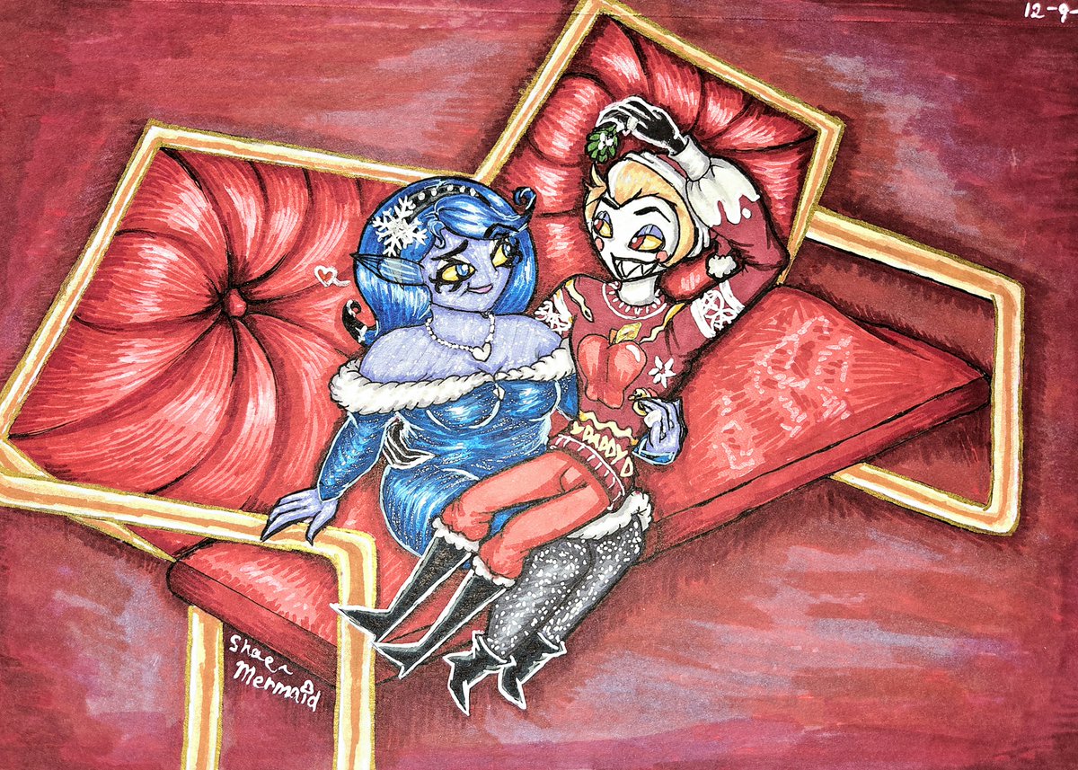 ShaesGrotto's tweet photo. Traditional, digital, and Sinsmas card versions! 🎄Happy Holidays everyone!!🎄 #HazbinHotel #LuciferMorningstar #luciferxoc #yumeship #selfship #traditionalart #digitalart #krita #HappyHolidays https://t.co/3vEwju1hWd