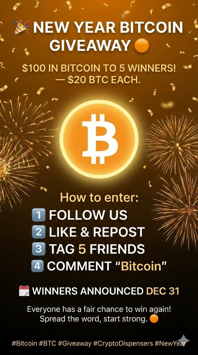 🎉 New Year Bitcoin Giveaway 🟠

We’re giving away $100 in Bitcoin to 5 winners — $20 
BTC each.

How to enter:

1️⃣ Follow <a href="/cryptodispenser/">Crypto Dispensers</a> 
2️⃣ Like &amp; repost this post
3️⃣ Tag 5 friends
4️⃣ Drop the following proof in comments. 

📅 Winners will be announced on December 31.

Even