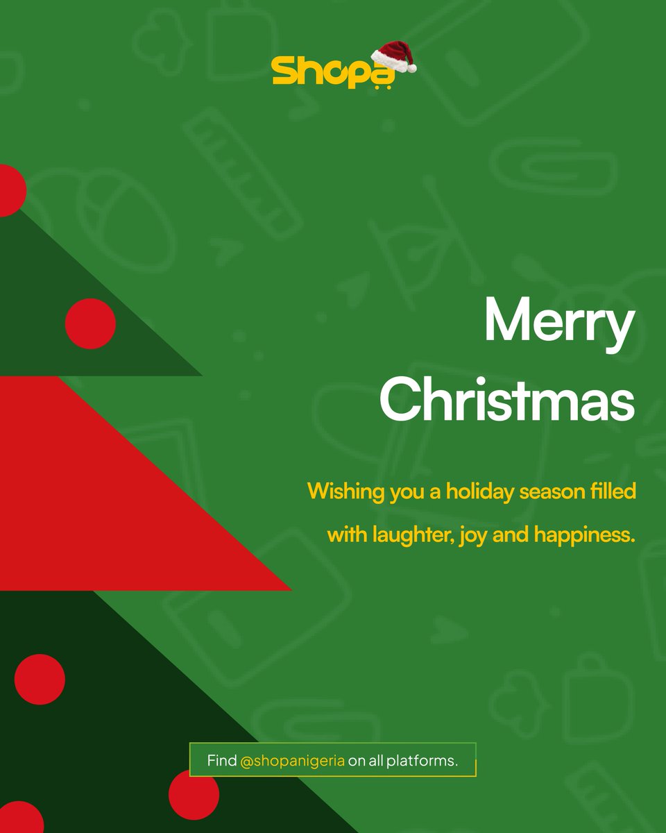shopanigeria's tweet photo. Merry Christmas from all of us at Shopa🎄!
As you celebrate, don't forget to join the waitlist to receive the best gift to be given to Nigerian universities.
#MerryChristmas #Shopa #CampusLife https://t.co/oDzhryTiPC