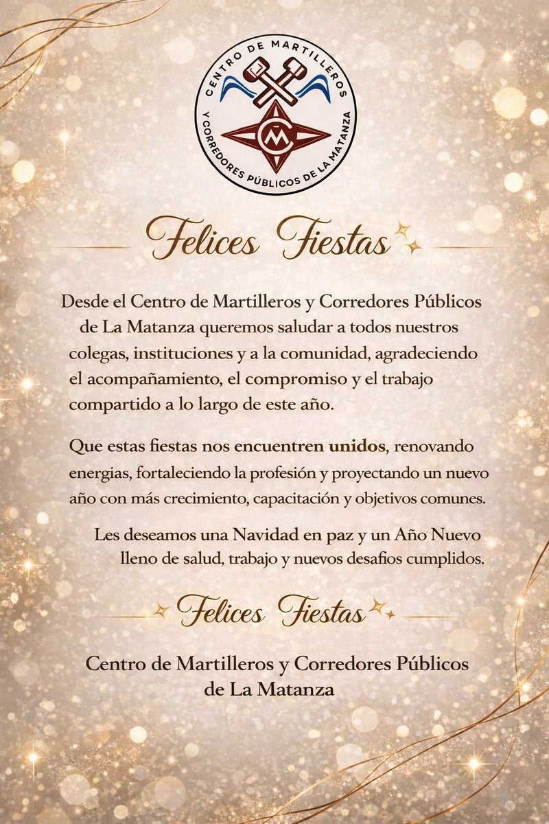 60 Años de trayectoria y un mensaje especial para vos por este 2025

Muchas gracias al Centro Martilleros y Corredores Públicos La Matanza <a href="/CentroMatanza/">Centro Matanza</a> por los saludos, augurios y este mensaje de Navidad y Fin de Año

Y especialmente a su Presidente el CI Gabriel Tropeano