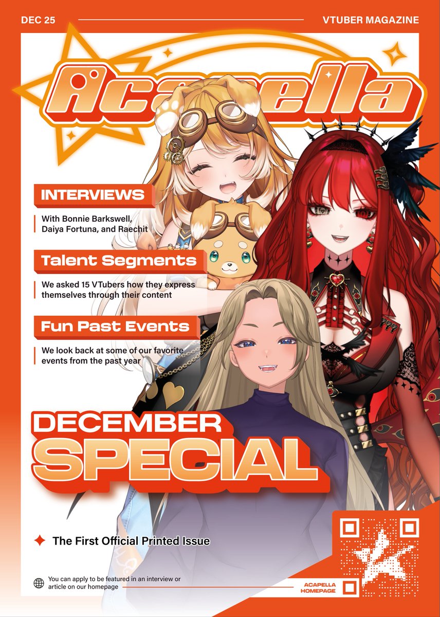 AcapellaEN's tweet image. 【✨Acapella VTuber Magazine Dec Special✨】

⭐Featuring @BonnieBarkswell, @DaiyaFortuna, @rae_chit, and many more.

🔽PDF🔽
drive.google.com/drive/folders/…