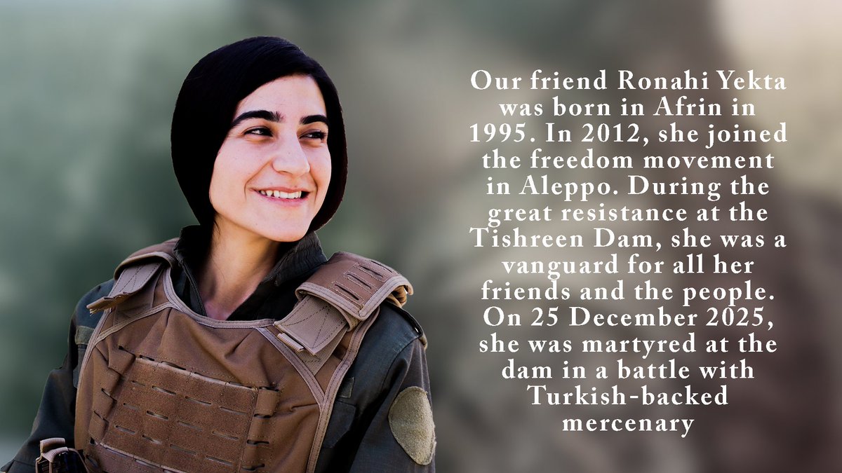 YPJ_Info's tweet photo. Martyr Ronahi will always remain alive in our memories. On the first anniversary of the martyrdom of pioneer and commander Ronahi Yekta,we start publishing our work in Kurdish.If you would like to follow us
👇
https://t.co/TQpGjKWFWG
X: @enfermasyonaYPJ
Telegram: enfermasyona_YPJ https://t.co/OVGY0sM5us