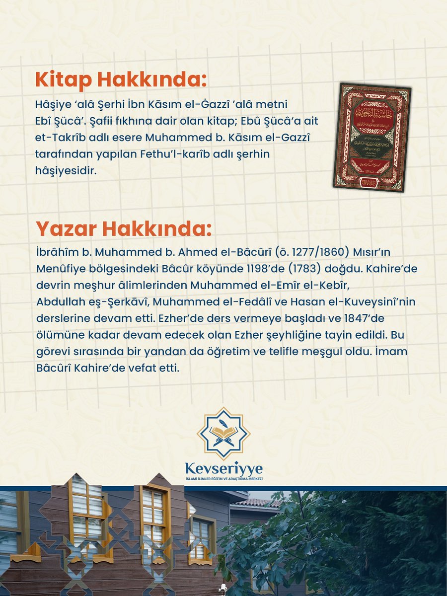 📘 Şafii Fıkhı: Haşiyetü’l Bâcûrî ‘alâ Şerhi İbn Kāsım Okumaları
Kevseriyye İslami İlimler Eğitim ve Araştırma Merkezi bünyesinde, Haşiyetü’l Bâcûrî ‘alâ Şerhi İbn Kāsım metni üzerine düzenli okumalar başlıyor.

Program:
• Metnin ders usulüyle izah edilmesi,
• Ardından Şafii