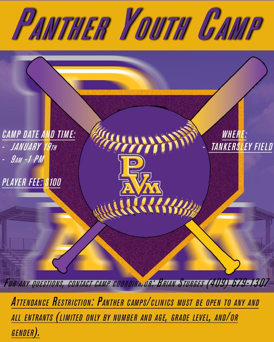 PVAMUBSB:  Prairie View A&amp;M Baseball will host Camps &amp; Clinics at Tankersley Field.  Check out the flyers for more information.

For more information or to register:
📞 Brian Sturges
Camp Coordinator
(409) 679-1307

#PantherPride #PVAMUCamps