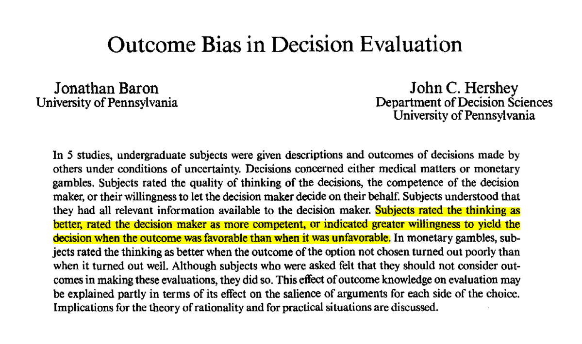 Verdiğiniz bir karar %100 mantıklı ve doğru olsa bile, sonuç kötü biterse insanlar o karara "hatalı" derler.
Buna "sonuç yanlılığı" denir. 
İlginçtir, ancak aslında insanlar aklınızı değil, kaderinizi yargılar.