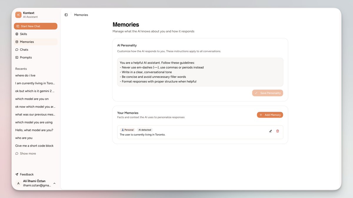 Day 2 building the ultimate AI app:

- Memory logic is actually done. It can save and fetch relevant context across any model or chat now.
- Also plugged in a template gallery using the prompts .chat library.
- Waitlist was broken earlier (my bad). Fixed it now if you want to