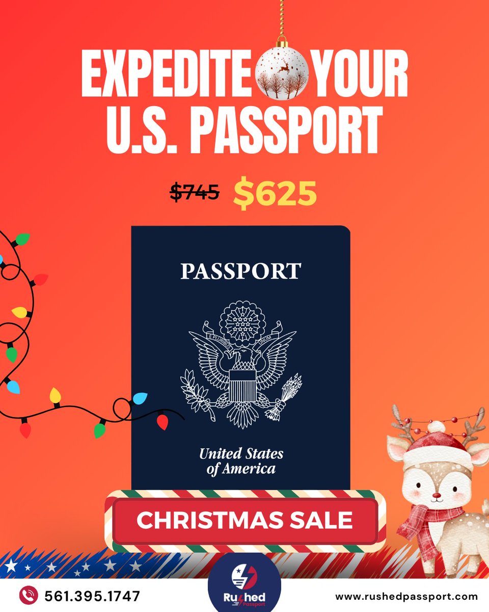 RushedPassport's tweet photo. 🎄 Christmas Sale is Here! 🎄
Give yourself the gift of speed this holiday season! All Rushed Passport services are now $625 — down from the regular $745. ✨
#RushedPassport #ChristmasSale #HolidaySavings #PassportRenewal #ExpeditedPassport #TravelReady #HolidayTravel https://t.co/cIS0Uz3puk