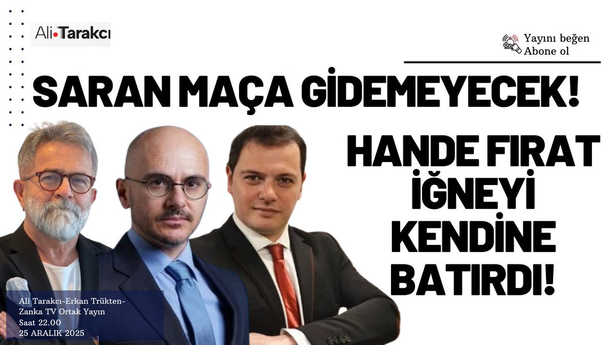 alitarakcii's tweet photo. 🎙️Bu akşam 22.00 Canlı Yayındayız!

📌Erkan Trükten ve Ferit Atay ile beraber gündemi konuşuyoruz. Hepinizi yayına bekliyoruz

📺İzlemek için
https://t.co/jNYTQEQ1Le

#AliTarakcı #ErkanTrükten #FeritAtay #Gündem #YouTube #HandeFırat #SadettinSaran #Fenerbahçe #Gündem #CanlıYayın https://t.co/TAovWe3Zzr