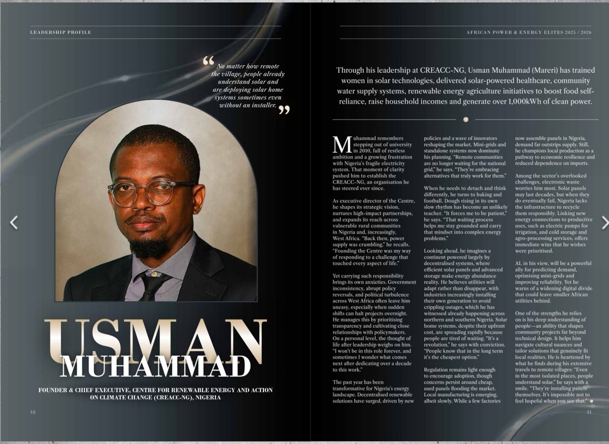 We are incredibly proud to share some major news! Our Executive Director, Usman Muhammad (Mareri), Ph.D, has been featured in the 2025 African Power &amp; Energy Elites. Here: esi-africa.com/elites/african…
#CREACCNG #AfricanEnergyElites #Leadership #RenewableEnergy