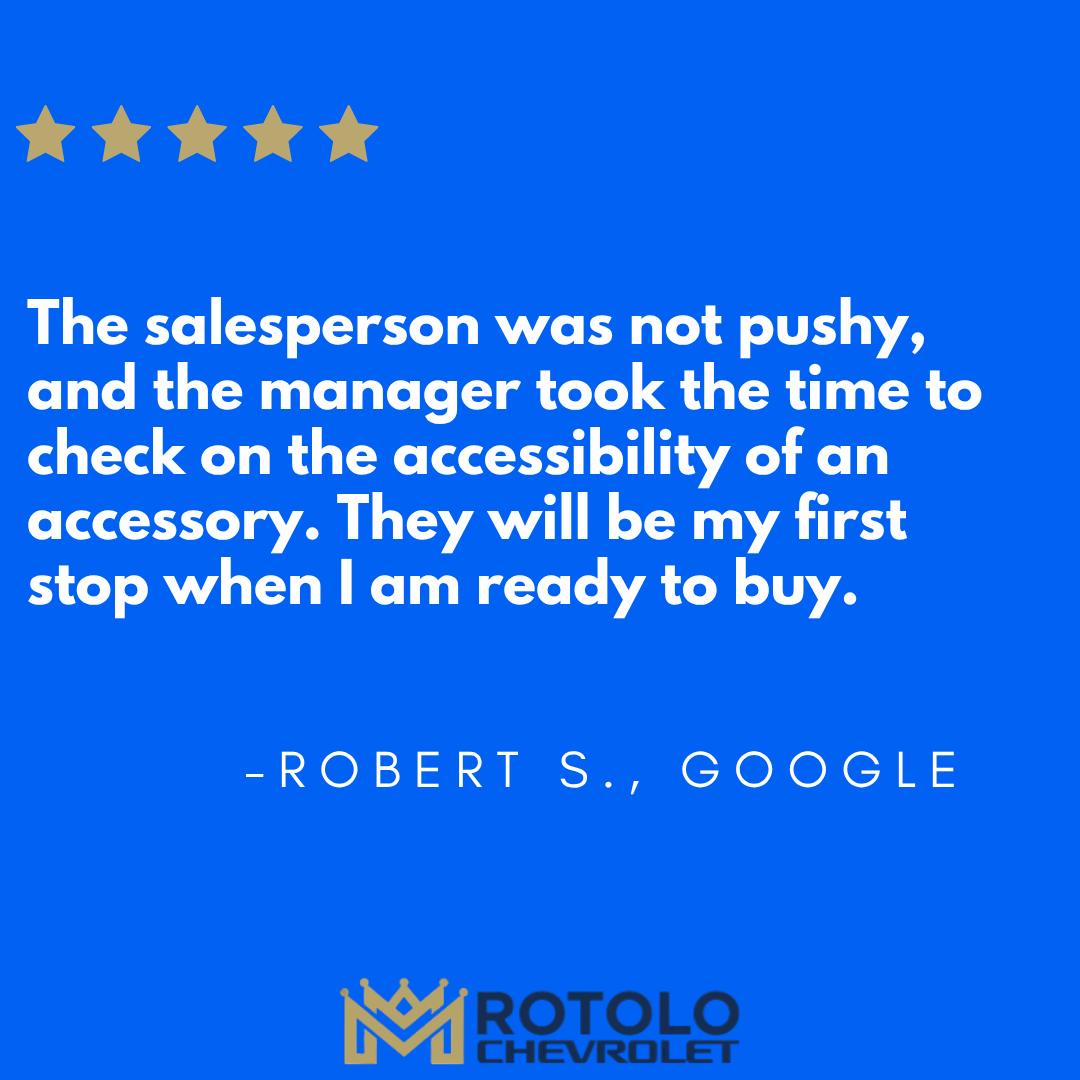RotoloChevyCa's tweet image. Robert, thank you for sharing your experience! We’re thrilled our team could provide a pressure-free visit and take the extra time to check on the accessory for you. It means a lot that we’ll be your first stop—can’t wait to see you back!