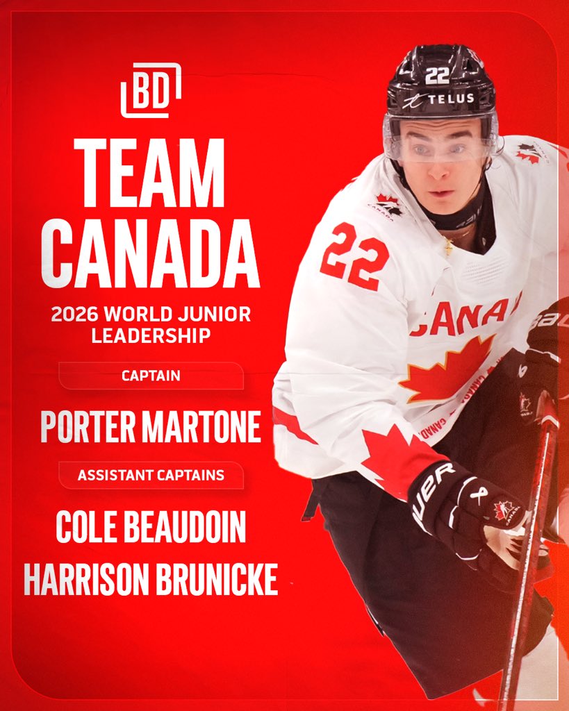 Team Canada’s captains have been announced! Porter Martone, Cole Beaudoin and Harrison Brunicke make up Canada’s leadership at the #WorldJuniors 🇨🇦