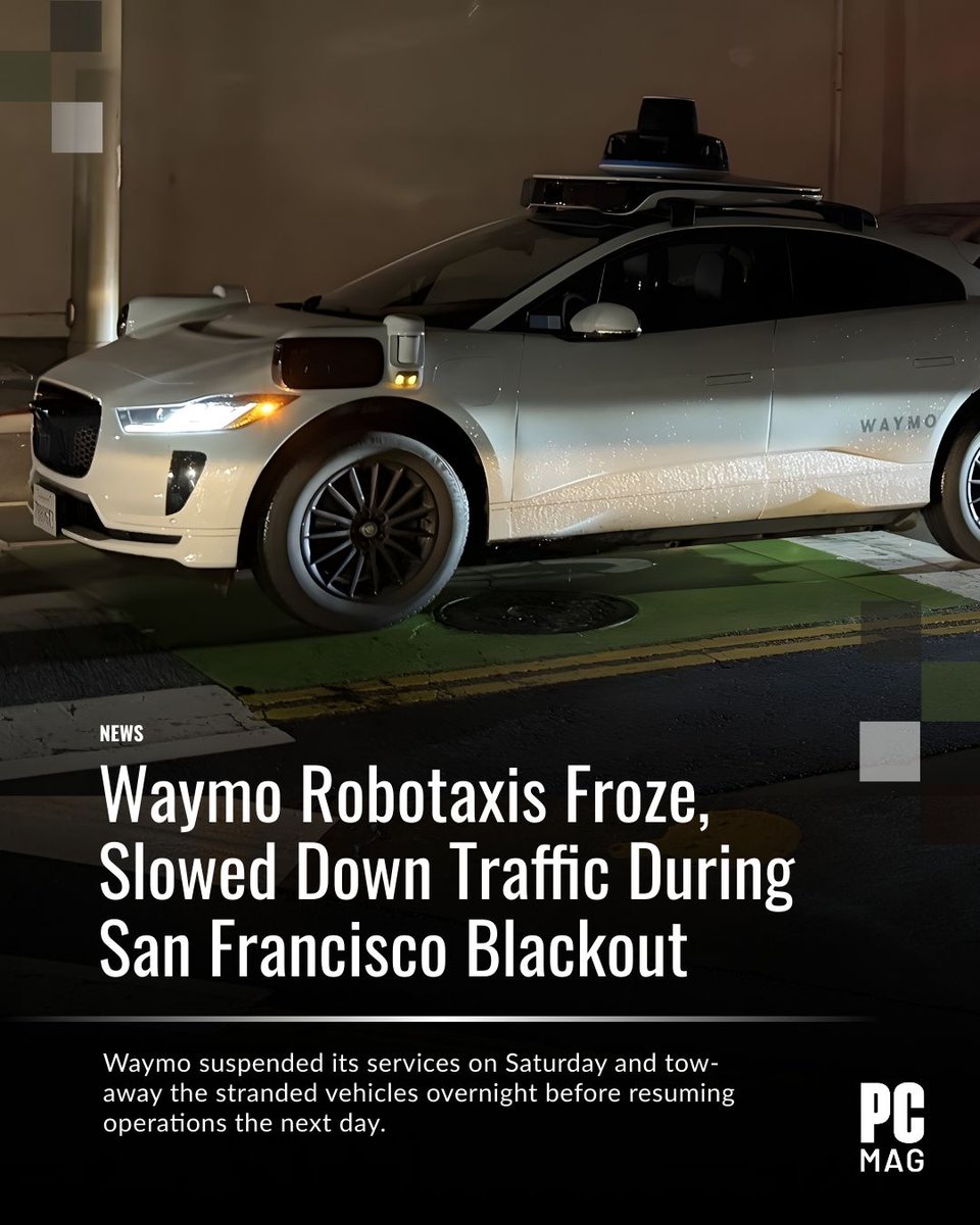 PCMag's tweet image. A San Francisco power outage left #Waymo #Robotaxi fleets stranded when traffic lights failed. 

The #TechFail caused gridlock before the mayor halted service. No injuries were reported, but it is a wake–up call for #AutonomousVehicles.

Read more on PCMag 🔗