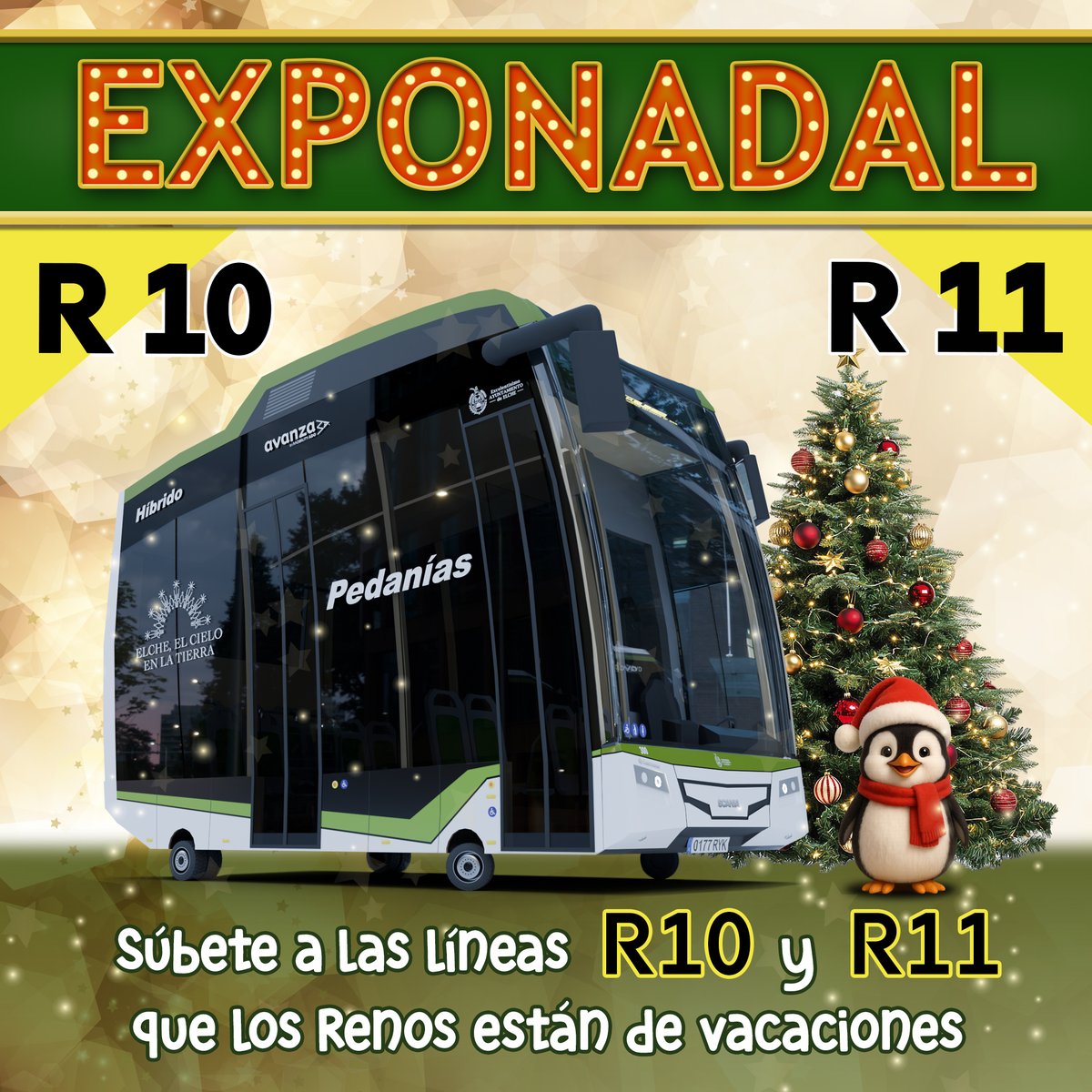 buselche's tweet photo. 🎄 ¡Ven a Exponadal en IFA sin preocupaciones! 🎄

Desde mañana al 30 de diciembre y del 2 al 4 de enero disfruta de la feria más divertida estas navidades y olvídate del coche.
Servicio directo a IFA con las líneas R10 y R11.
Consulta los horarios en https://t.co/kGnLKgueJW https://t.co/m9t2a3ik81