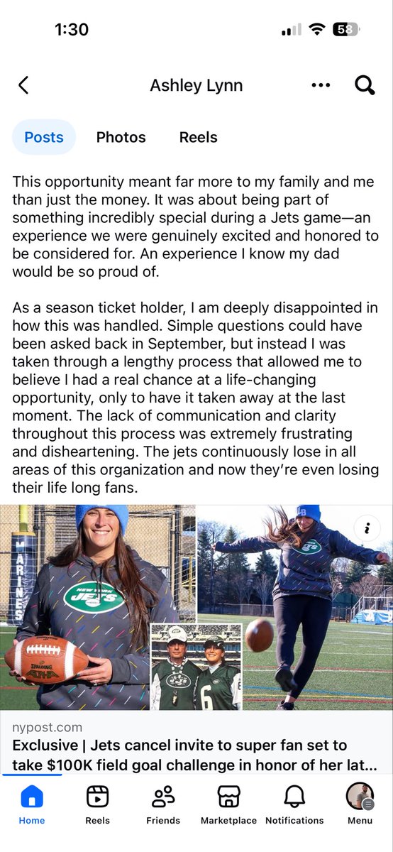 Ry_bread11's tweet photo. @NYJ_Matt I grew up with Ashley, she’s a great person and her dad was as die hard as fans get. He passed away when Ash was just 18 and she’s carried on his Jets legacy ever since. She brings a ton of people (65-75) to a game to raise money for Esophageal cancer. Shame on the Jets. https://t.co/c7NwWbjgGe