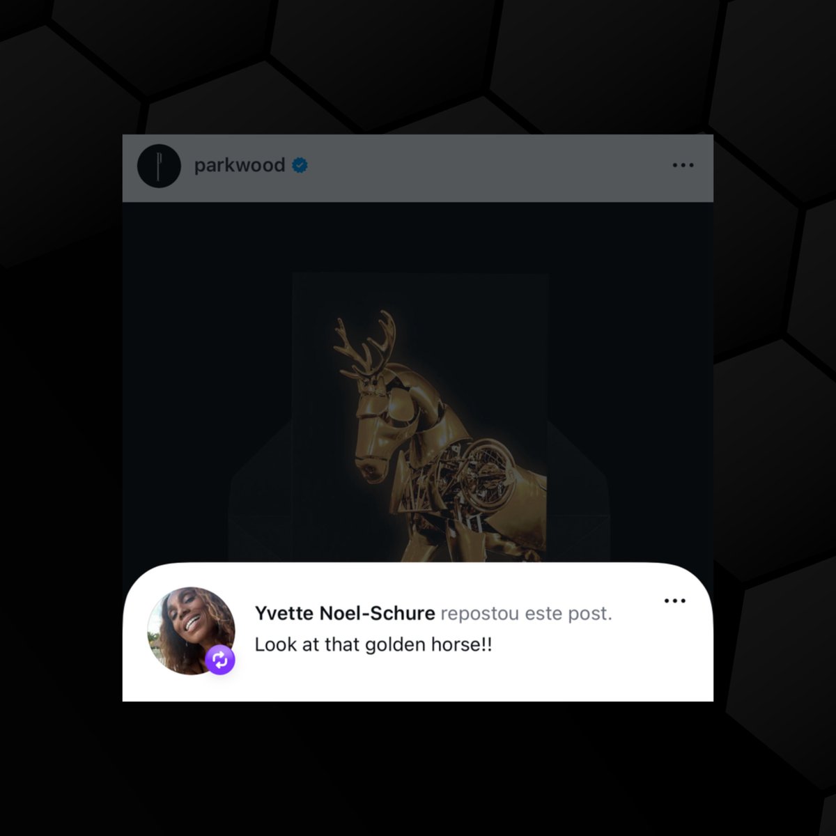 GENTE???  👀

“Olhe para aquele cavalo dourado!!” — comentou Yvette Noel-Schure, publicista da Beyoncé, ao repostar a publicação da Parkwood.