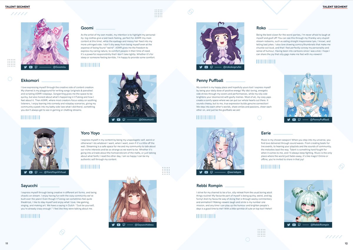 AcapellaEN's tweet image. 【✨Self-Expression Through Content✨】
Page 11 - 12

1️⃣@Goomiiu
2️⃣@ekkomorii
3️⃣@YoroYoyoVirtual 
4️⃣@Sayucchidesu
5️⃣@rokokoprufei
6️⃣@PennyPuffball
7️⃣@eeriebpm
8️⃣@RebbiRompin

Thank you for taking part in the multi-talent segment! 
#vtuber . #envtuber . #virtualyoutuber